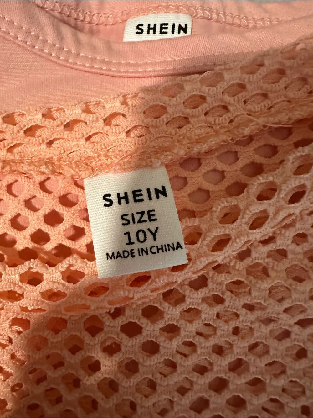 SHEIN Peach Crochet Mesh Top With Multi Colored Pants